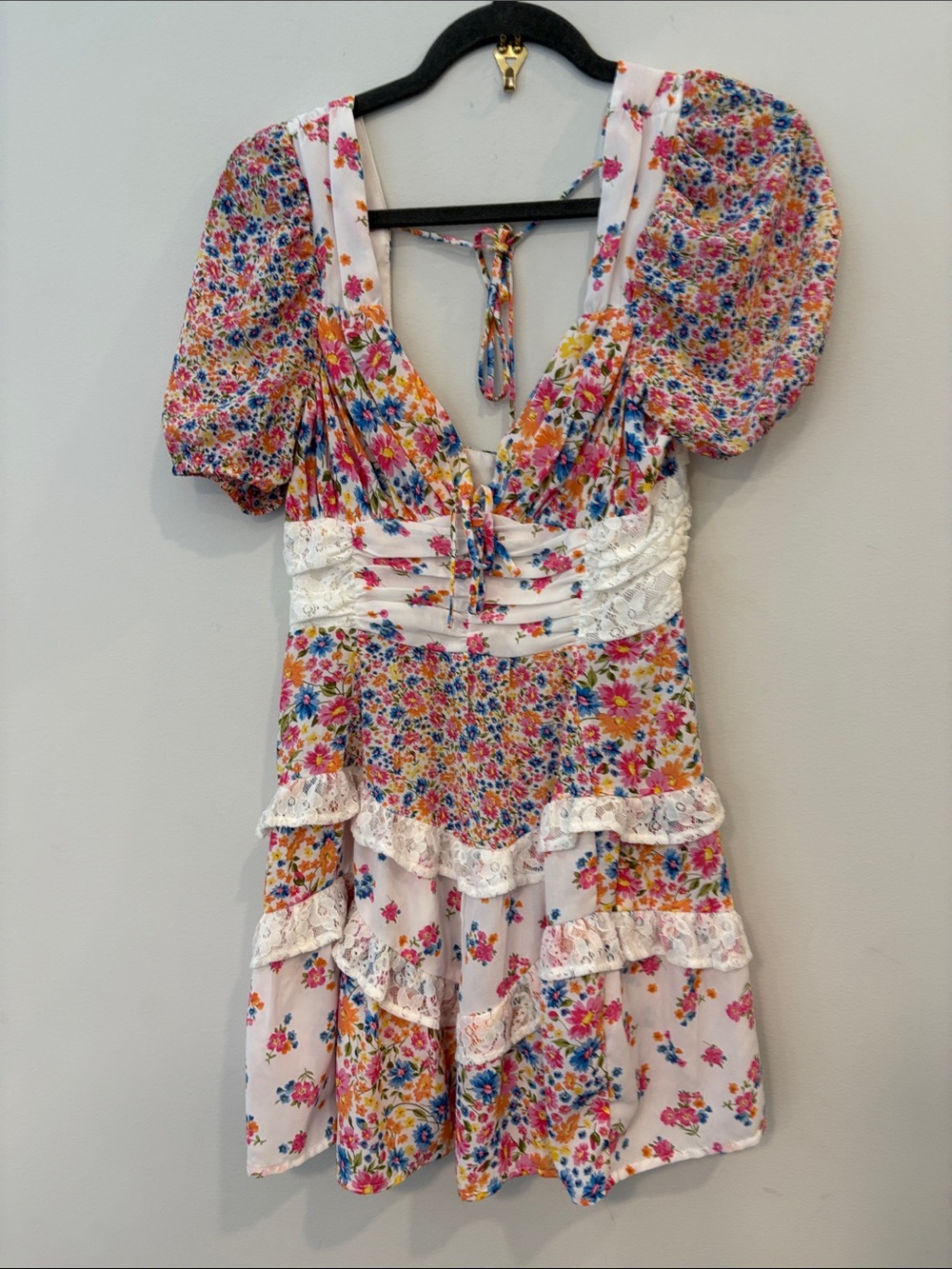 Anthropologie Altar'd State White Multicolor Floral Puff Sleeve Mini Dress